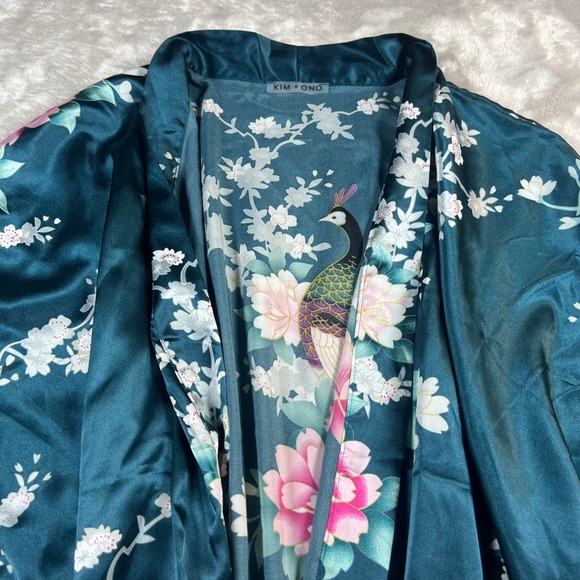 Kim + Ono Other - KIM + ONO Women OS Kimono Robe Teal Blue Peacock Floral Satin Short Wrap
